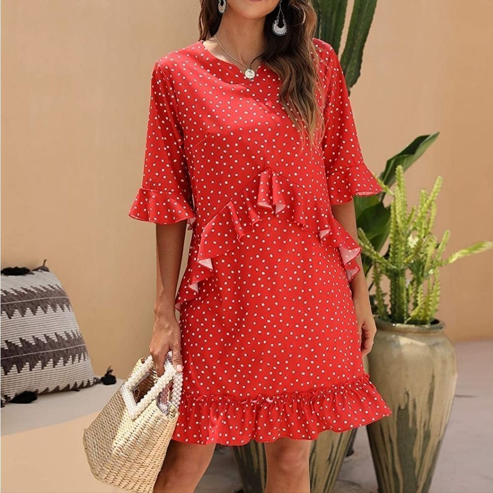 𝅺cherfly Women's Summer Swing Dress Casual Short Ruffle Flowy Tunic Dress Large